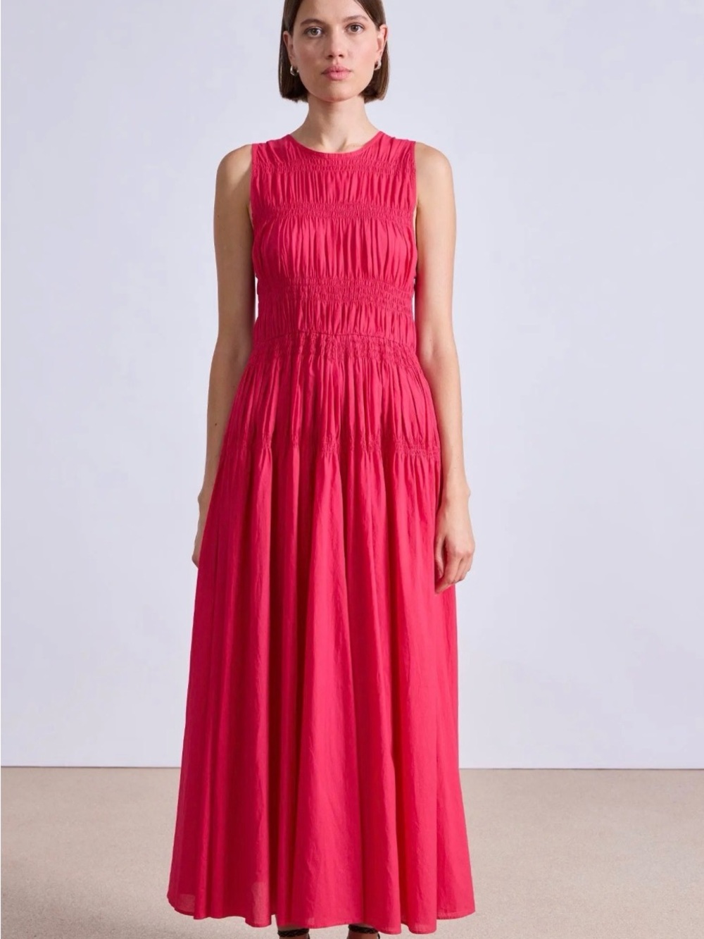 Apiece Apart Fabiana Maxi Cotton Berry/Red Smocked Dress Elastic Bodice Size L